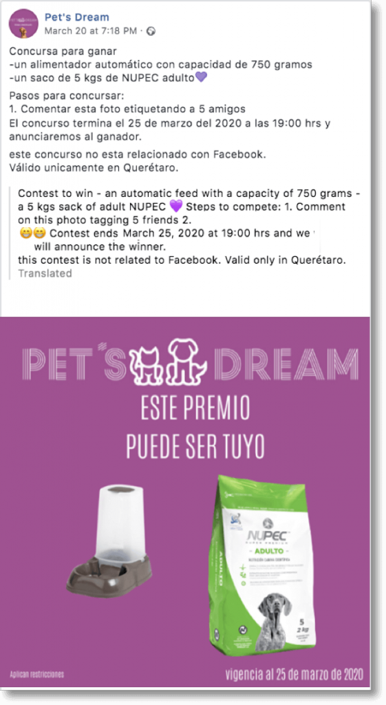 Pet giveaway organized by Pet's Dream on Facebook