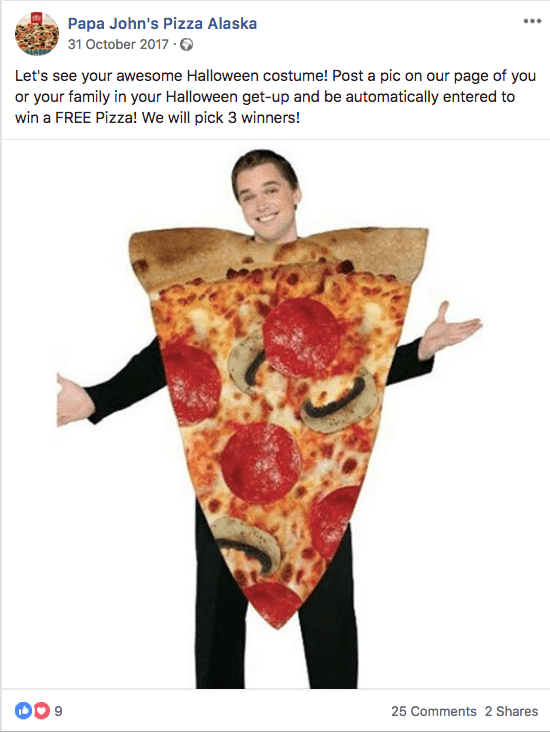 Example of a Halloween giveaway on social media: this Facebook post from Papa John's Pizza Alaska is illustrated with a photo of a man dressed as a slice of pizza.