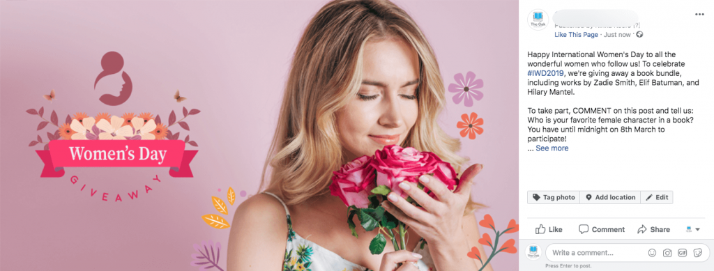 Facebook post announcing an International Women's Day giveaway. When people comment with the name of their favorite female book character, they have the chance to win a bundle of books by women authors.