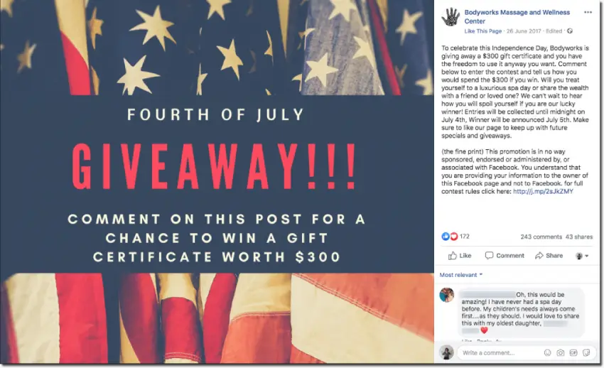 Screenshot of an Independence Day giveaway on Facebook. The image shows a line of United States flags. The overlay text reads: "Fourth of July giveaway! Comment on this post for the chance to win a gift certificate worth $300."