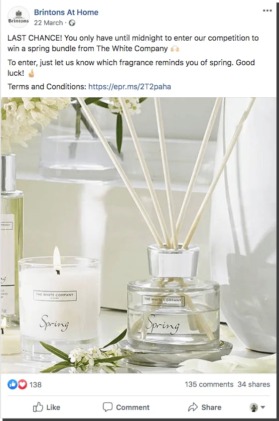 Spring giveaway ideas for Facebook: users comment their favorite spring fragrance to win a bundle of home spring goods.