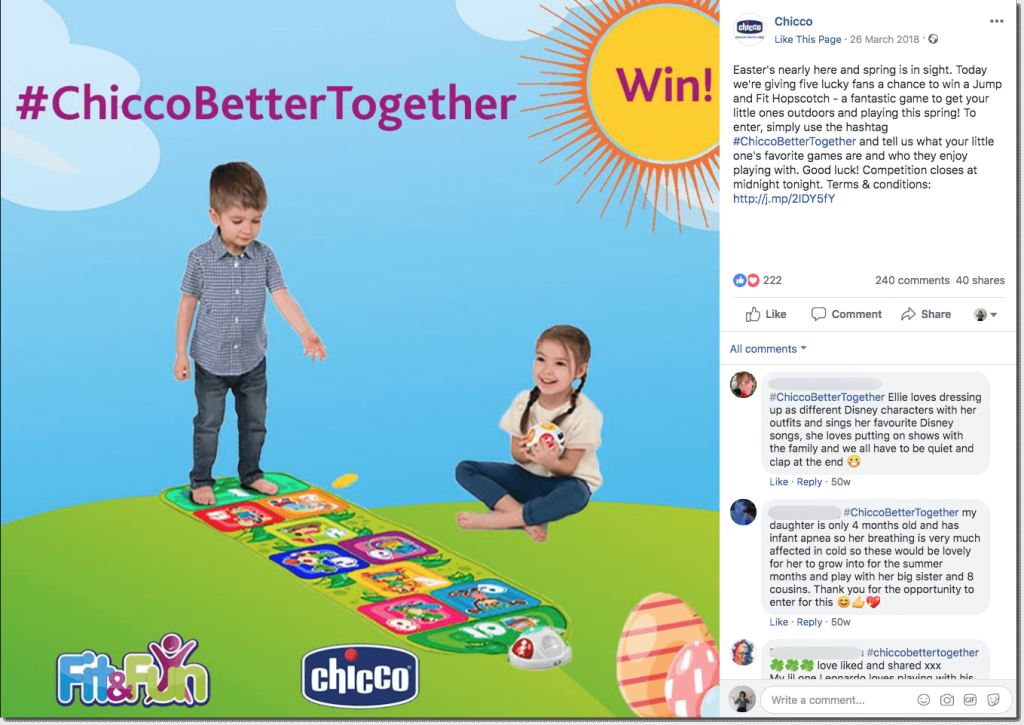 Example of an Easter giveaway on Facebok. The image shows two young children playing with an interactive hopscotch toy, against a CGI background of grass, blue sky, and the sun.
