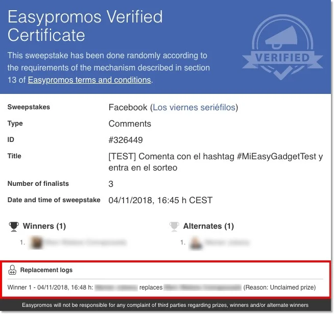 instagram giveaway certificate of validity
