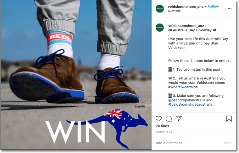 Australia Day giveaway. Screenshot of an instagram giveaway organized for australia day by Veldskoen Shoes