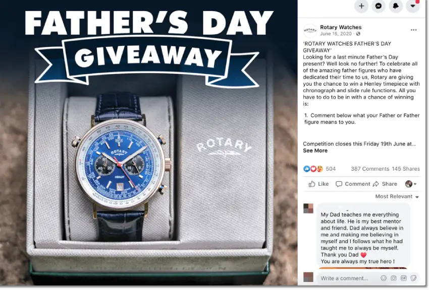 Father's Day giveaway on Facebook organized by a watch brand.