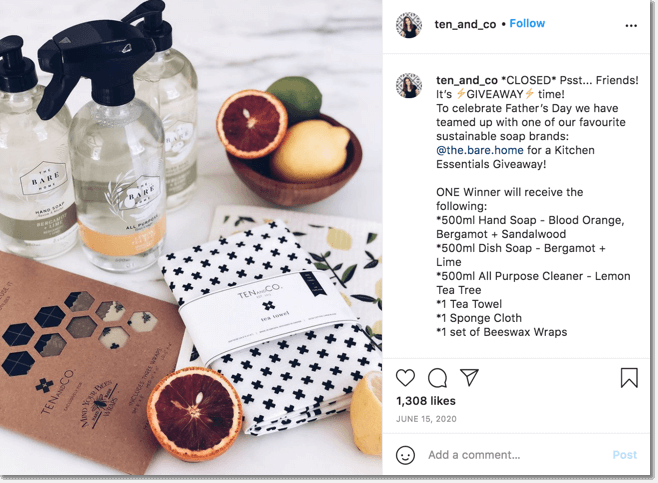 Father's Day giveaways, example of a giveaway organized on Instagram by Ten and Co brand, which teamed up with sustainable soap brands to give away a bundle of their favorite products.