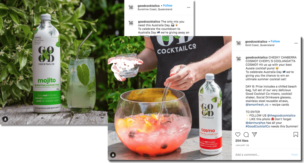 Good cocktail co screenshot of insytagram giveaways organized for Australia Day
