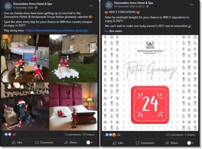 Screenshots of gamified Advent calendar Facebook posts shared by Devonshire hotels