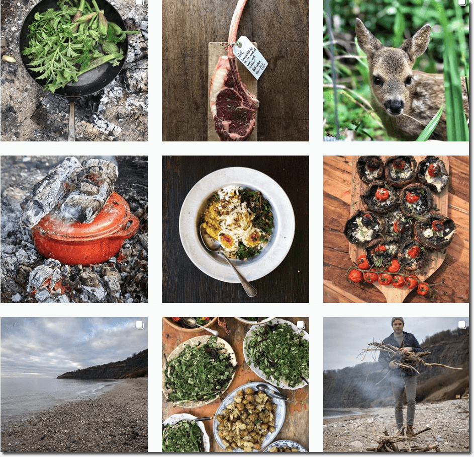 Screenshot of Gill Meller's Instagram grid, showing outdoor cooking, wild animals, landscapes, and the chef gathering firewood.
