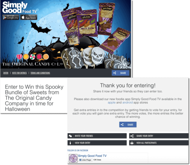 Screenshots of a Halloween sales contest. Participants get more chances to win a bundle of Halloween-themed candy when they recruit their friends to the prize draw.