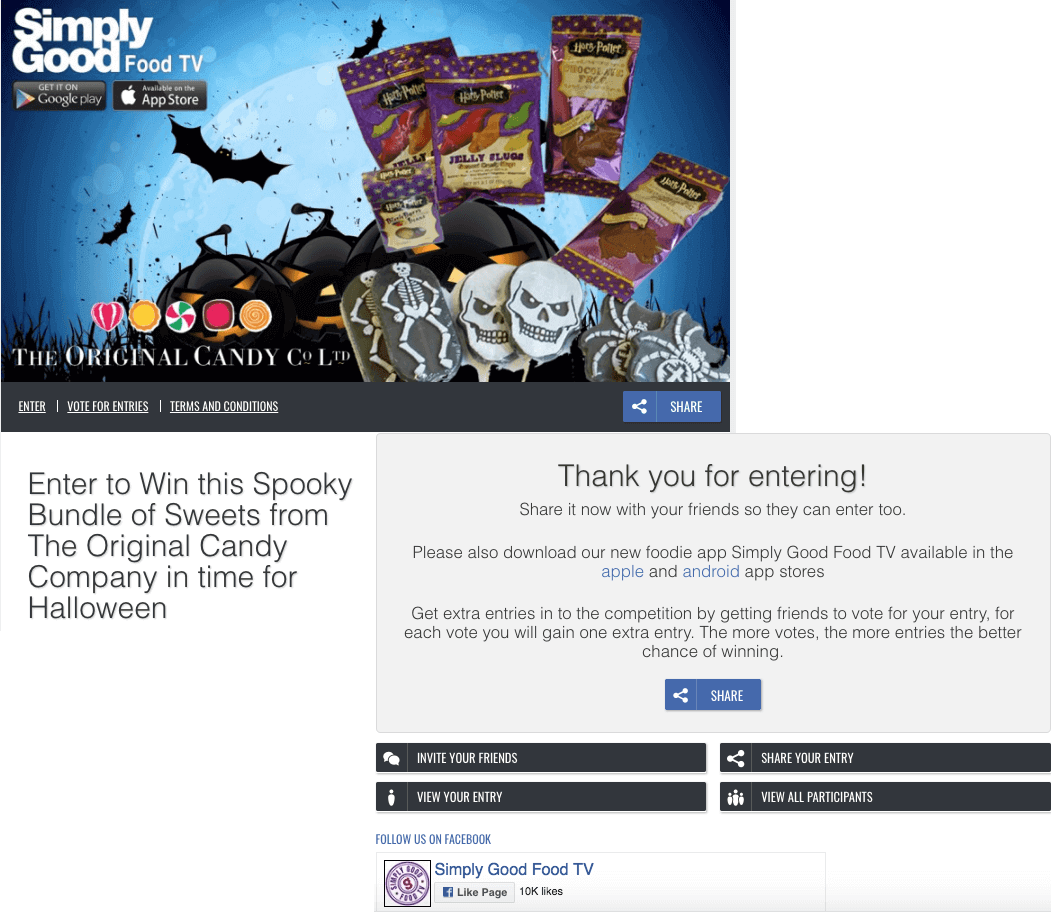 Screenshots of a Halloween sales contest. Participants get more chances to win a bundle of Halloween-themed candy when they recruit their friends to the prize draw.