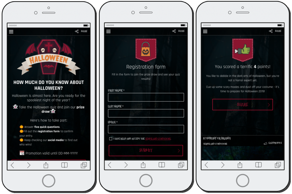 Mobile screenshots from Halloween quiz promotions, showing a landing page, a registration form, and quiz results.