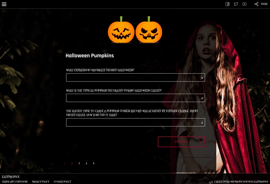 Screenshot from a Halloween themed quiz. Users answer 3 questions about the tradition of carving pumpkins, in order to enter the prize draw.