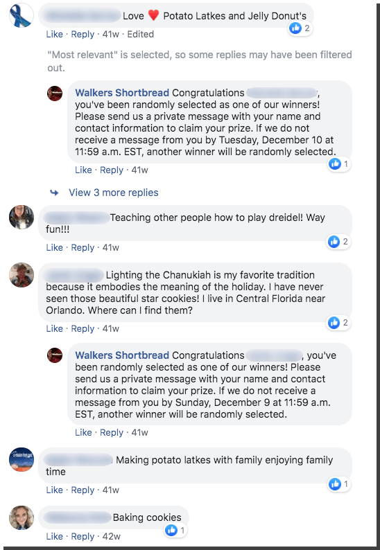 Hanukkah Facebook giveaway comments