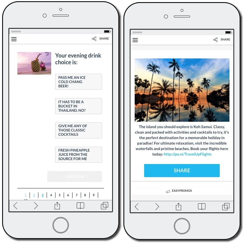 mobile screenshots from a summer contest idea: quiz