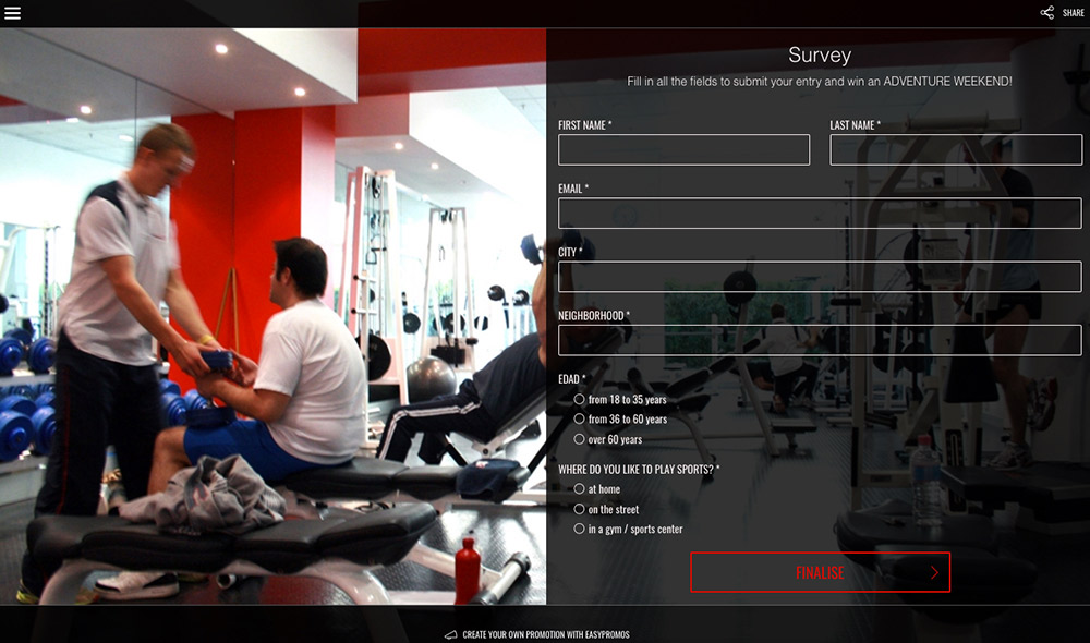 Screenshot of a gym survey. Questions include location, neighbourhood, age, and preferred workout space.
