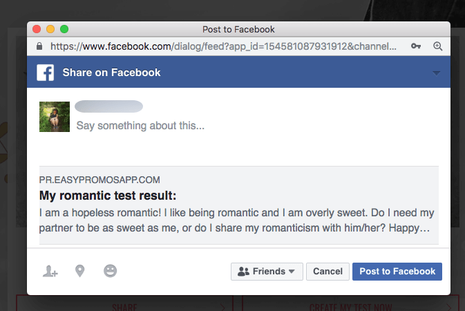 Image of Facebook status sharing results of Valentine's Day quiz