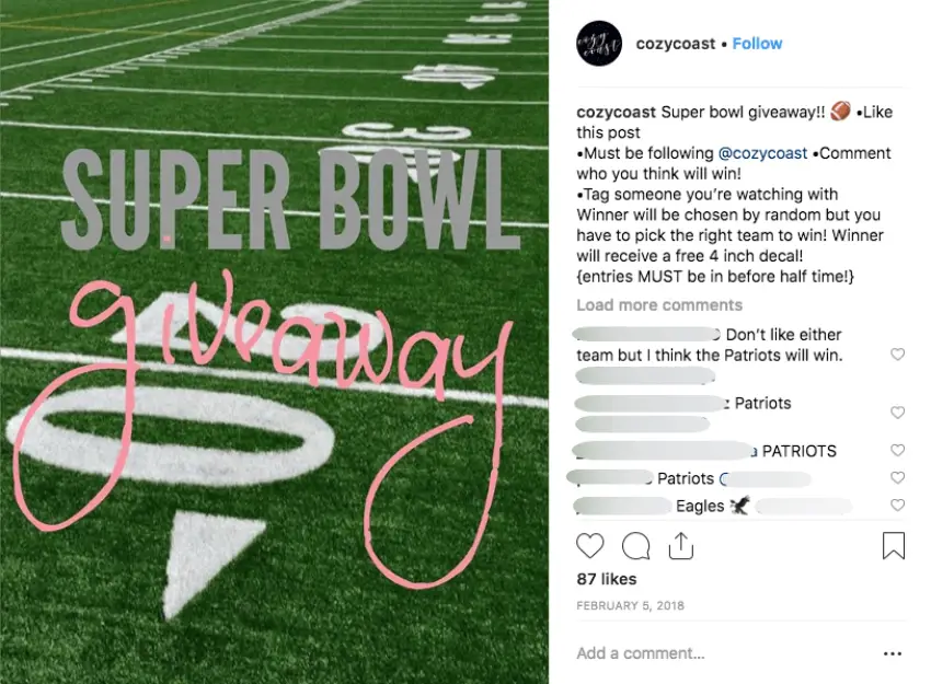 Image of Instagram Super Bowl giveaway post