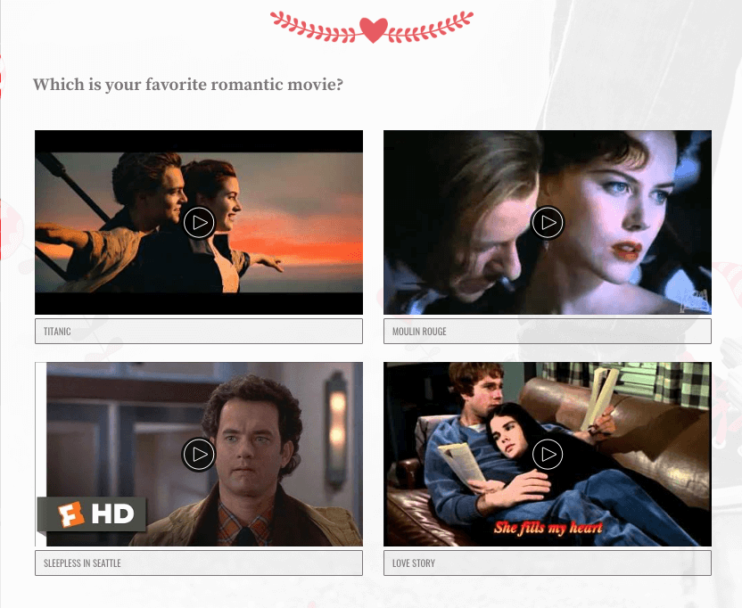 Image of Valentine's Day quiz question with video clips from romantic films