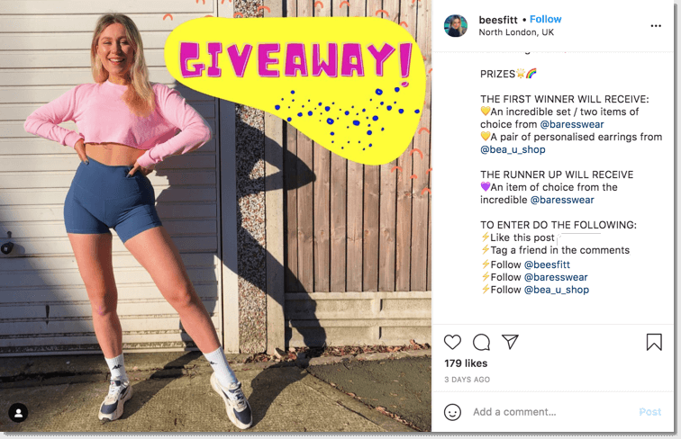 influencer giveaway on instagram, fitness influencer promoting sports clothes and jewellery 