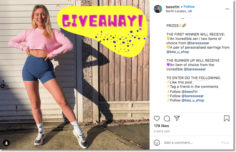 influencer giveaway on instagram, fitness influencer promoting sports clothes and jewellery