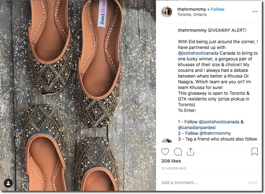 Screenshot of a Ramadan giveaway on Instagram. The image shows 2 pairs of beautiful sequinned khussa shoes. The caption explains that users can win the shoes for Eid when they follow the brands involved, comment, and tag friends.