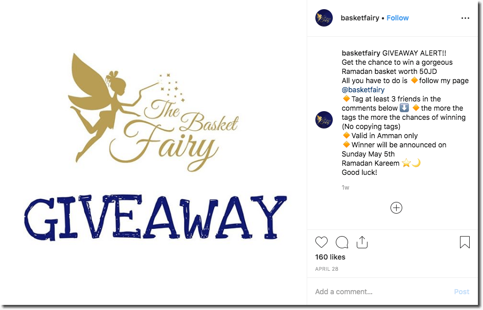 Screenshot of a Ramadan giveaway on Instagram. Users follow, comment, and tag friends for the chance to win a Ramadan basket full of Iftar treats.