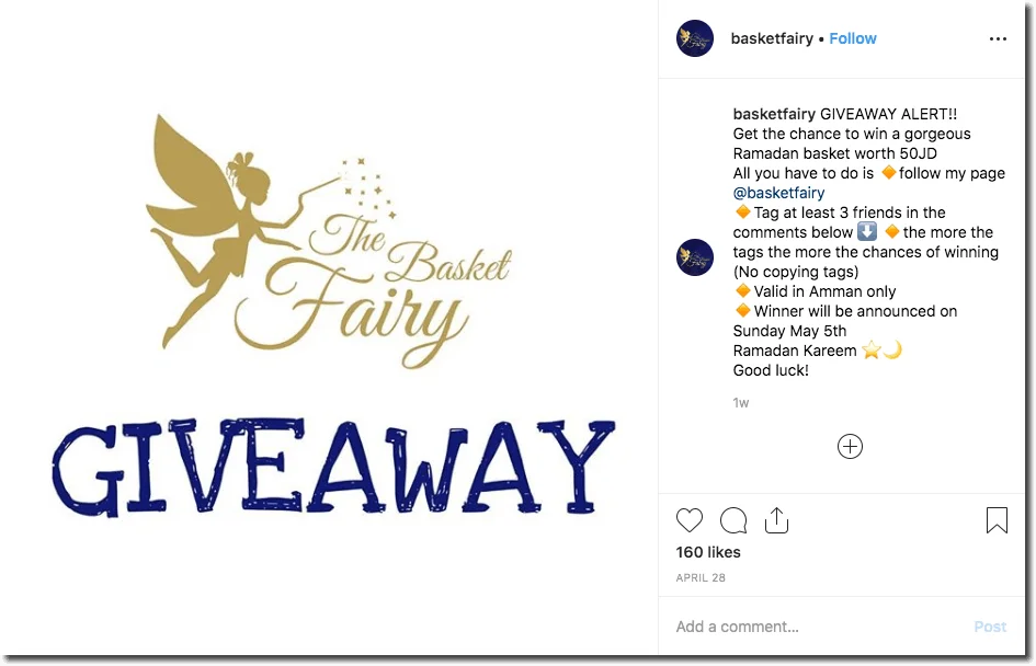 Screenshot of a Ramadan giveaway on Instagram. Users follow, comment, and tag friends for the chance to win a Ramadan basket full of Iftar treats.