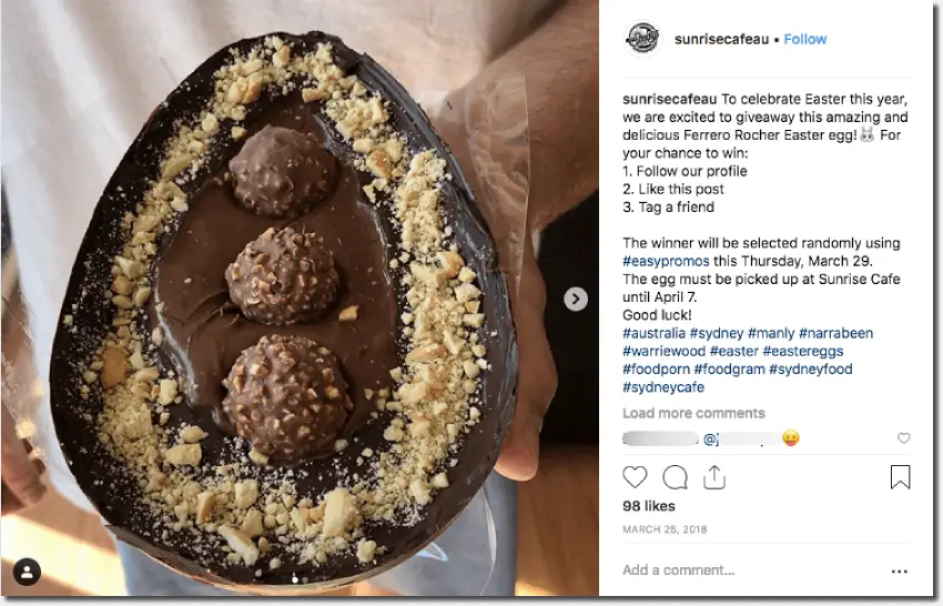 Example of an Easter giveaway on Instagram. The image shows a giant, chocolate half-egg shape, filled with chocolate spread and Ferrero Rocher chocolates.