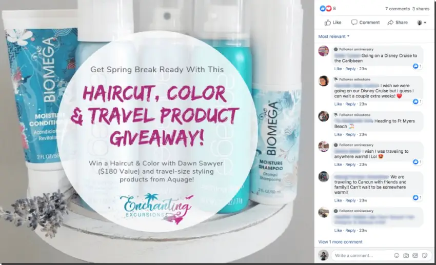 Spring giveaway ideas for Facebook and Instagram. The brand shares an identical image on both networks, but adapts the text. Users comment or tag friends to win, depending on social network rules.