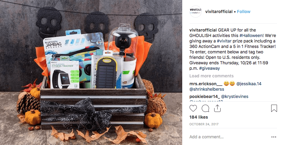 Example of a Halloween giveaway on social media: this INstagram post shows a prize pack of sports equipment decorated with Halloween colors and symbols.