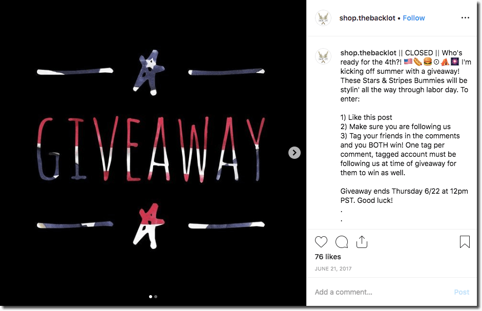 Screenshot of an Independence Day giveaway on Instagram. The image shows a black background, with the word "giveaway" picked out in red, white, and blue. The caption invites users to like, follow, comment and tag for the chance to win some baby clothes in stars and stripes.
