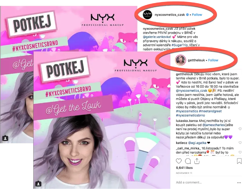 Instagram giveaways with influencers. In these screenshots, the brand and influencer have published identical photos. Users can comment on either post to enter the contest.