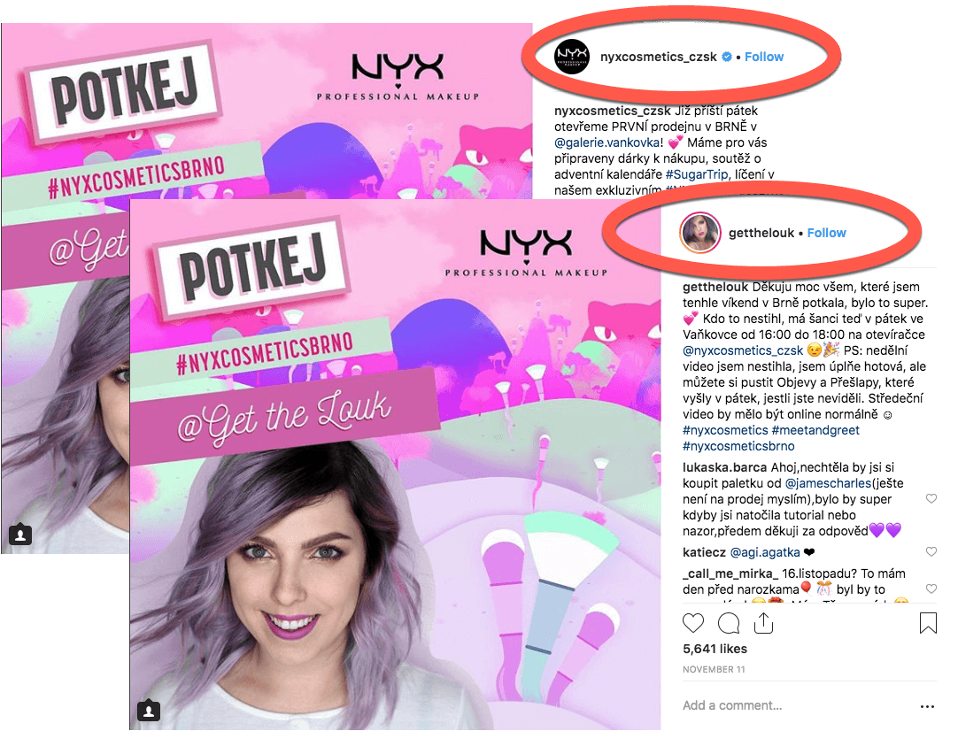 Instagram giveaways with influencers. In these screenshots, the brand and influencer have published identical photos. Users can comment on either post to enter the contest.
