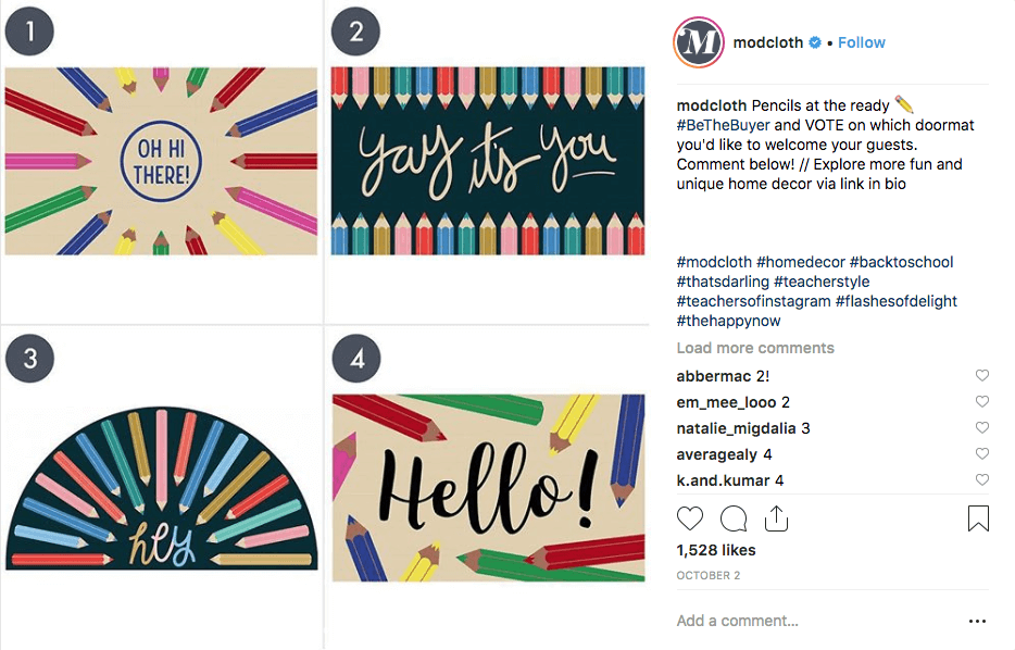 More examples of Instagram giveaways. The screenshot shows a post by Modcloth, showing 4 different designs for a doormat. Users comment with their favorite for a chance to win the contest.