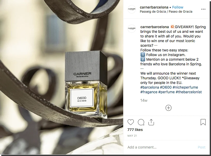 Spring giveaway ideas for Instagram: in this example, a perfume brand invites users to comment and tag friends for the chance to win a spring scent.
