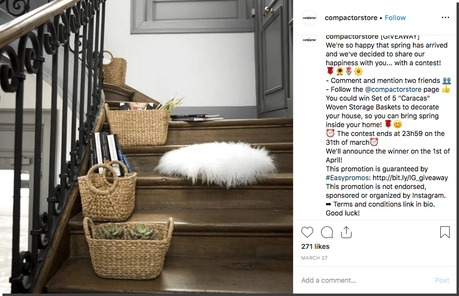 Spring giveaway ideas for Instagram: in this example, users comment to win storage baskets for their spring-cleaning plans.