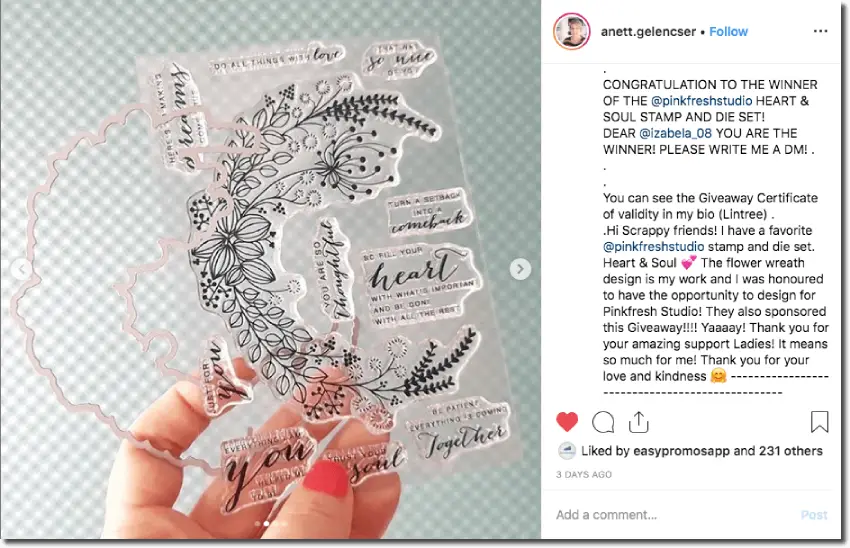 Screen capture of an Instagram giveaway post. The image shows a hand with red painted nails, holding a sheet of clear stickers for scrapbooking. The post caption announces a giveaway winner, thanks all the participants, and encourages them to check the giveaway details via a link in bio.