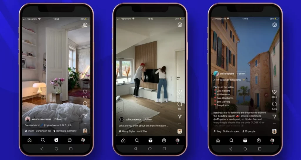 Image showing three different examples of Instagram Reels.