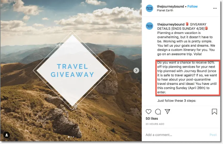 Tourism marketing, travel giveaway on Instagram