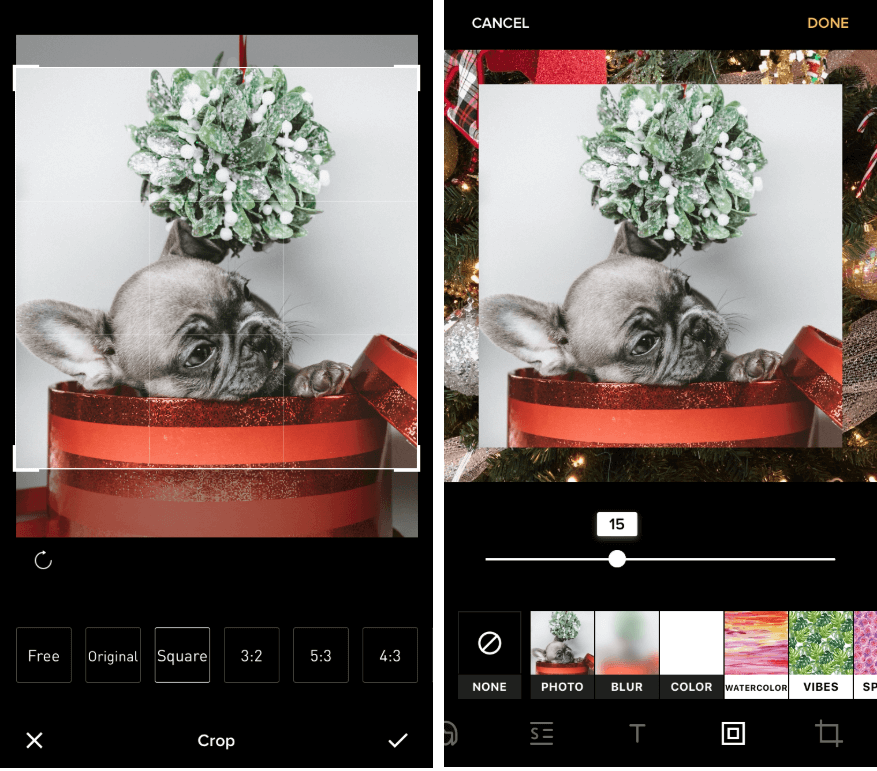 Screenshots of a photo being edited in Instasize. 1: user selects from free, original, square, or other dimension formats. 2: user selects from photo, blur, color, watercolor, and other border styles.