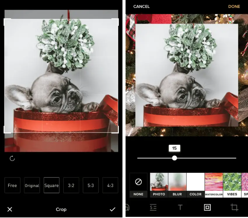 Screenshots of a photo being edited in Instasize. 1: user selects from free, original, square, or other dimension formats. 2: user selects from photo, blur, color, watercolor, and other border styles.