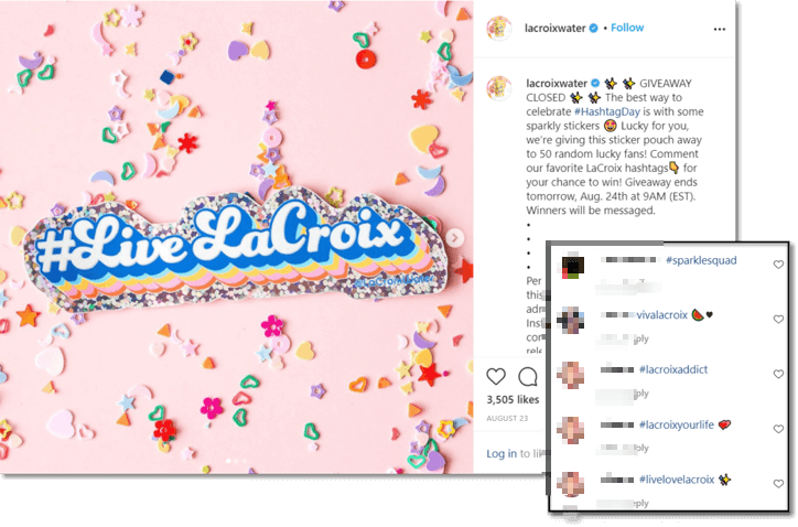Screenshot of an Instagram post. The main image shows the rainbow-colored pouch in the shape of the hashtag "Live LaCroix", against a pink background with confetti. The post caption explains that people can win the pouch by commenting with their favorite LaCroix branded hashtags.