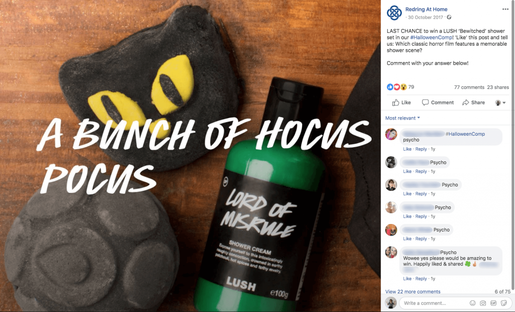 Halloween promotions on Facebook: in this example, users can win a Halloween-themed shower set, pictured in the Facebook post. There's a bath bomb shaped like a black cat and a bright green bottle of shower cream.
