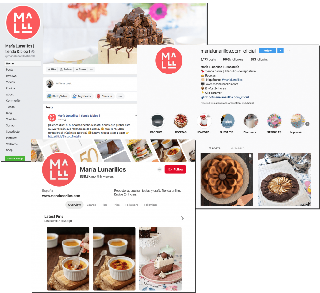 Screenshots of the María Lunarillos pages on Facebook, Instagram and Pinterest.