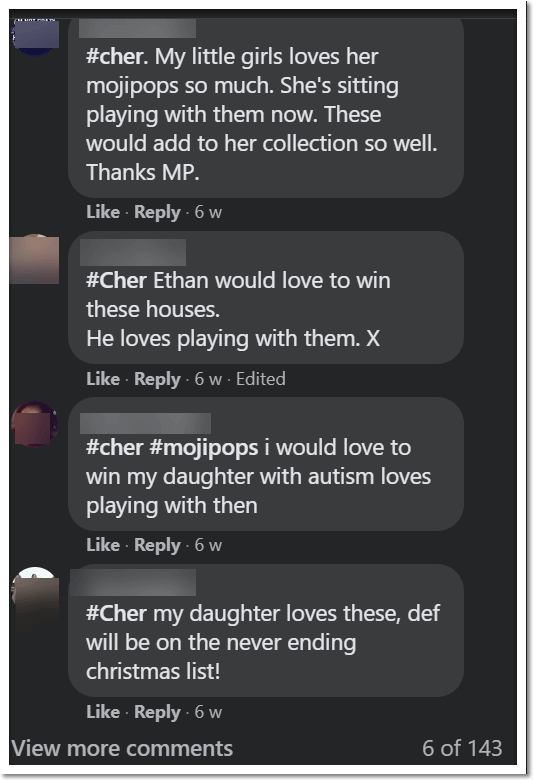 Screenshot of comments on the MojiPops Facebook post. Parents share how their children love the toys, play with them continually, and want them for Christmas.