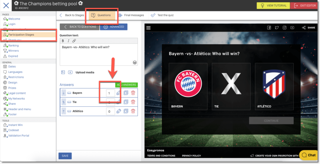 Screenshot of the Multi-Round Predictions application showing how users can update the scores of the matches and other sporting events once they know the results.