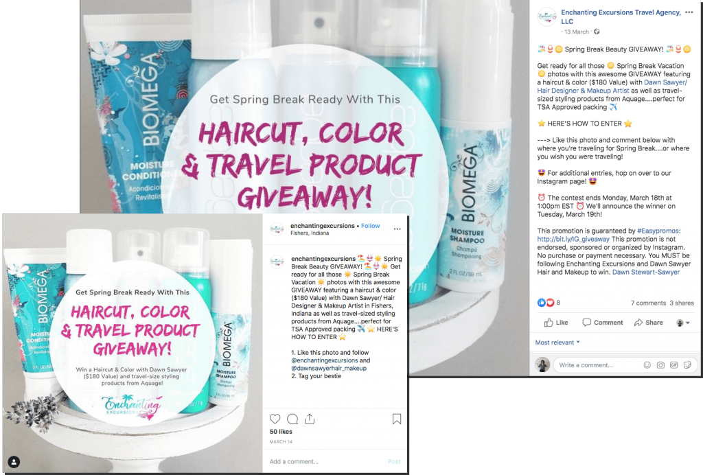 Spring giveaway ideas for Facebook and Instagram. The brand shares an identical image on both networks, but adapts the text. Users comment or tag friends to win, depending on social network rules.