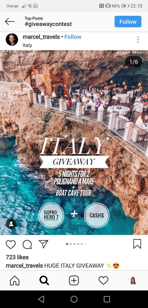 Screenshot of a an Instagram post announcing a giveaway, with a photo of a Mediterranean beach from the air.