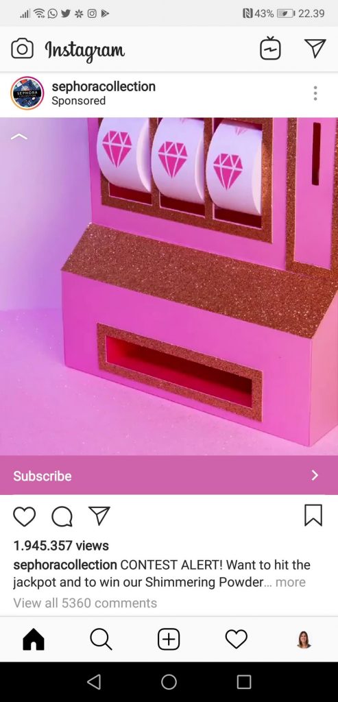 Screenshot of an Instagram Ads post by beauty brand Sephora. The image shows a pink casino machine with a link inviting followers to subscribe to win.